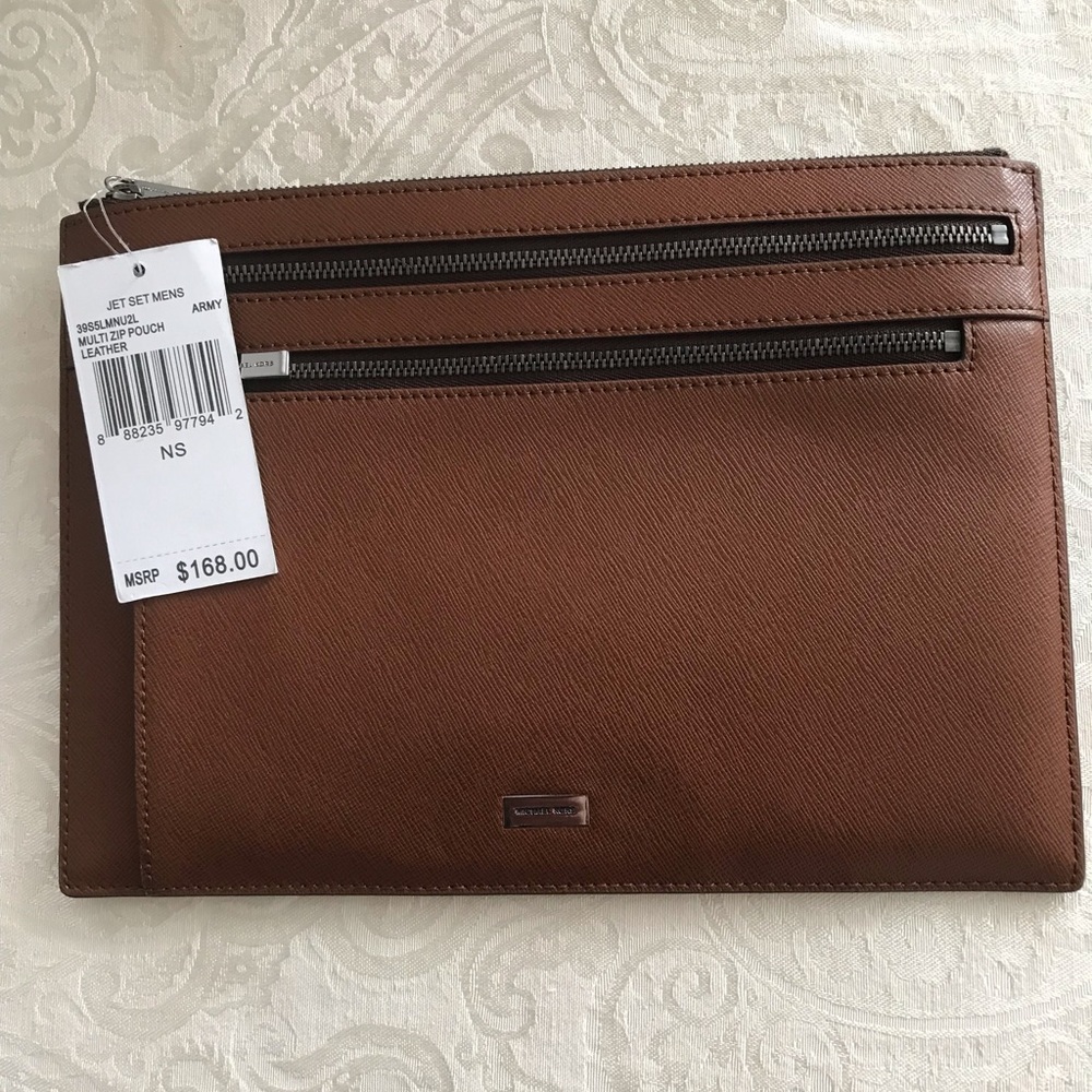 Michael Kors Jet Set Mens Multi zip Passport Documents Pouch Leather in brown